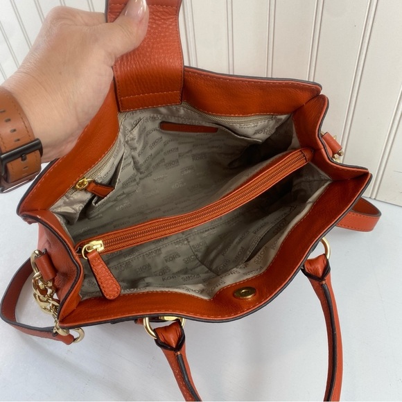 Michael Kors Hamilton Orange Pebble Leather Gold Chain Satchel Shoulder BagPurse - Picture 11 of 16